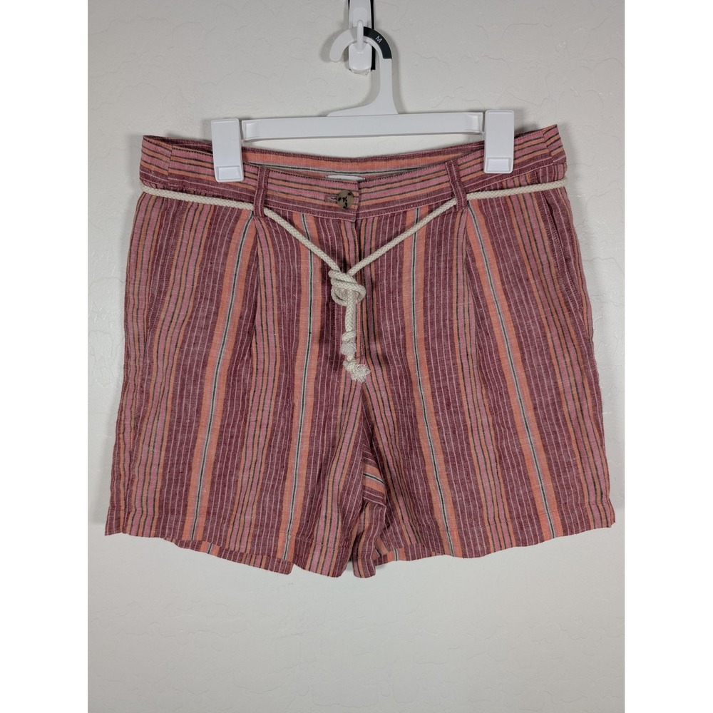 J Jill Love Linen Shorts Womens 10 Red Striped Pleated Rope Belt Summer Casual‎
